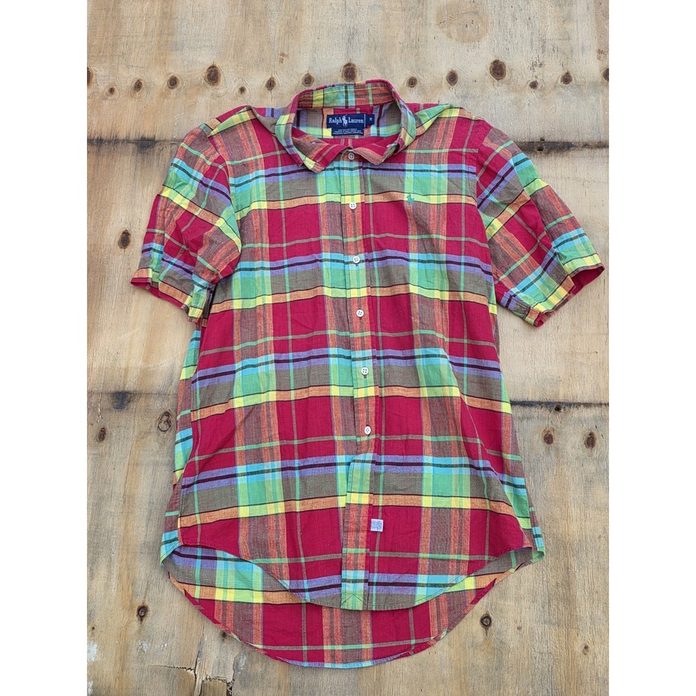 VTG 80's Ralph Lauren Mens M Multicolor Madras Plaid Short Sleeve Button Down